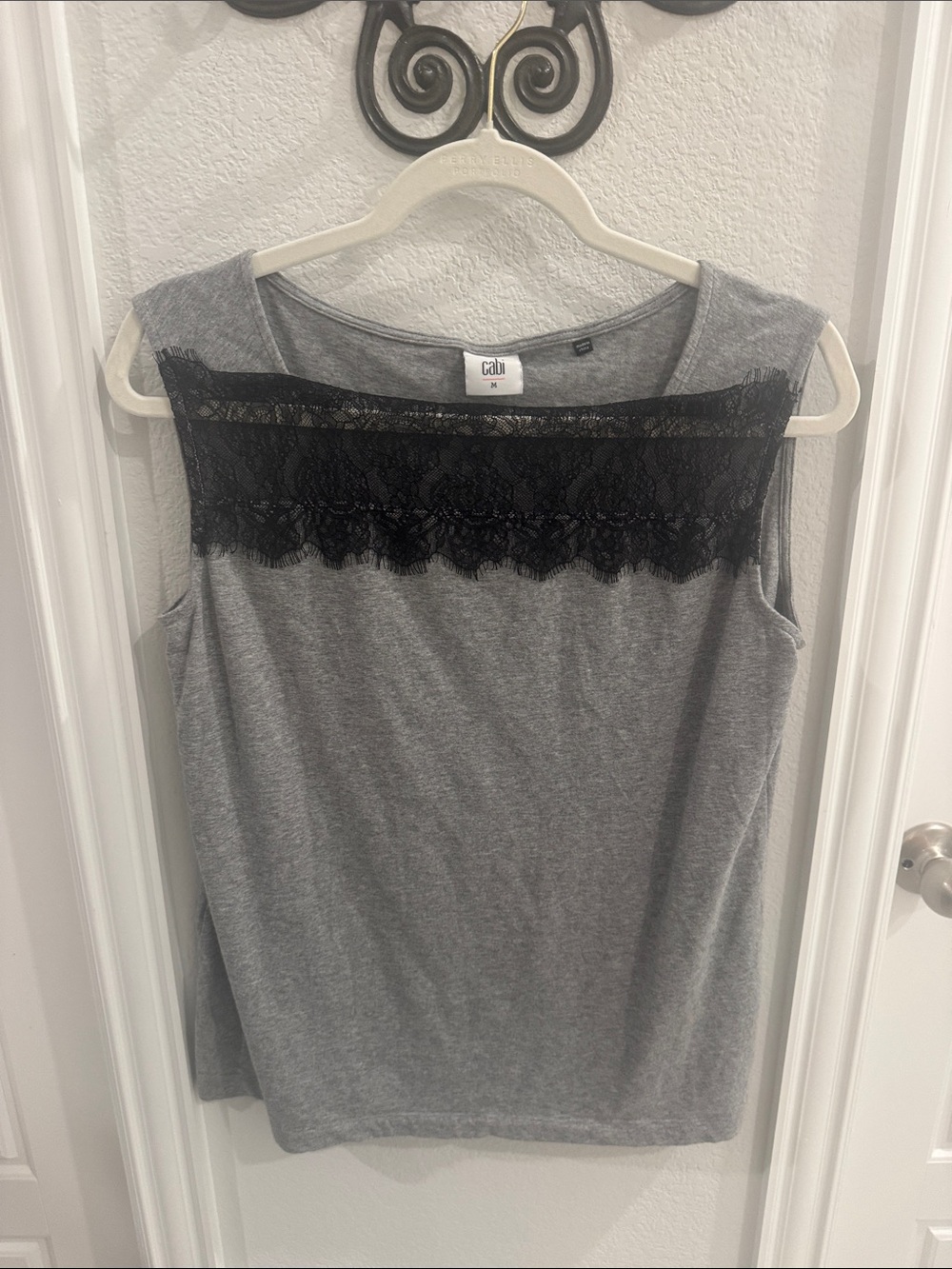 CAbi STYLE 3815 Gray Tank with Black Lace Yoke